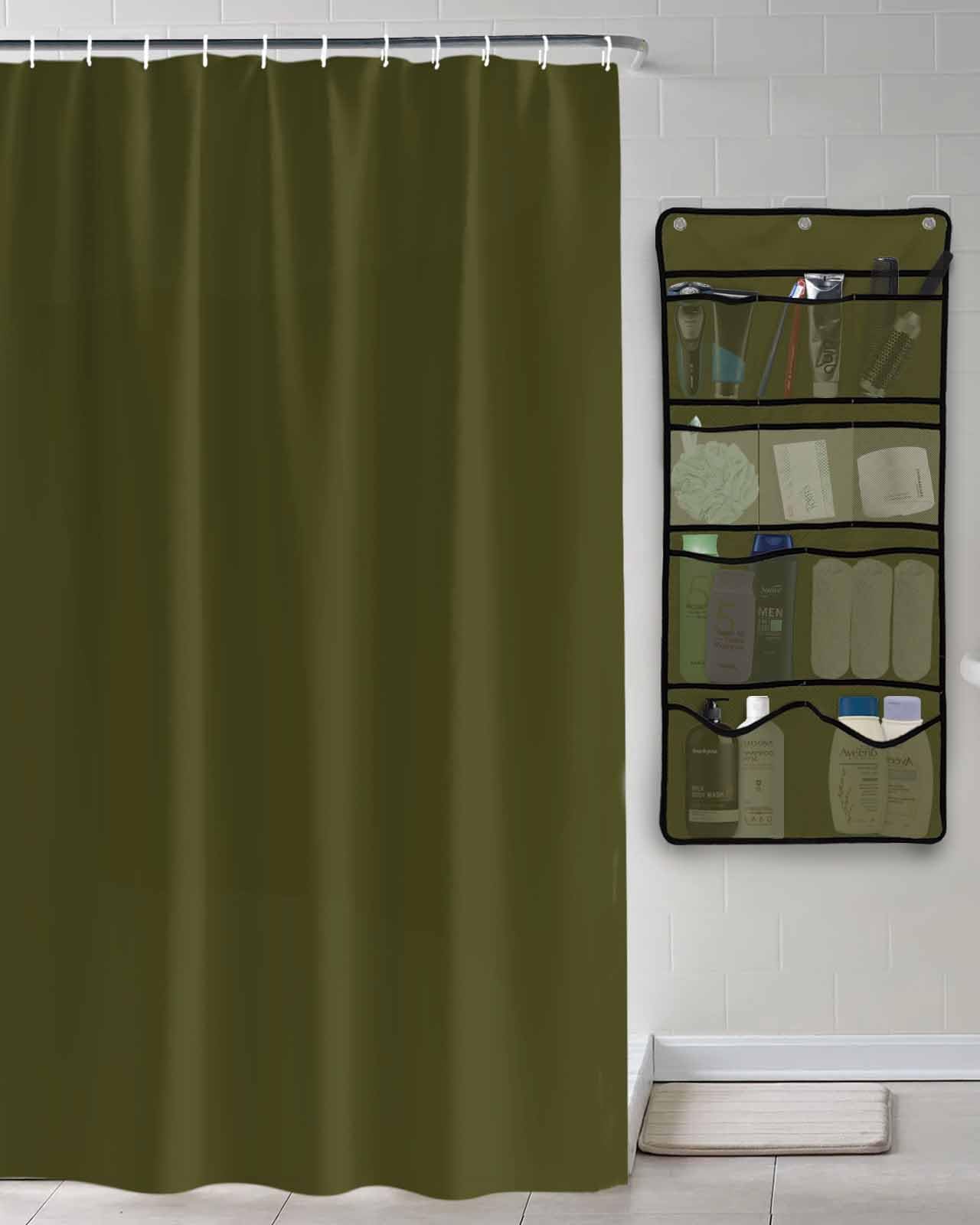 Shower Curtain Mesh Shower Organizer Hanging Set Solid Color Dark Olive Green Waterproof Shower Curtains with 10 Pockets