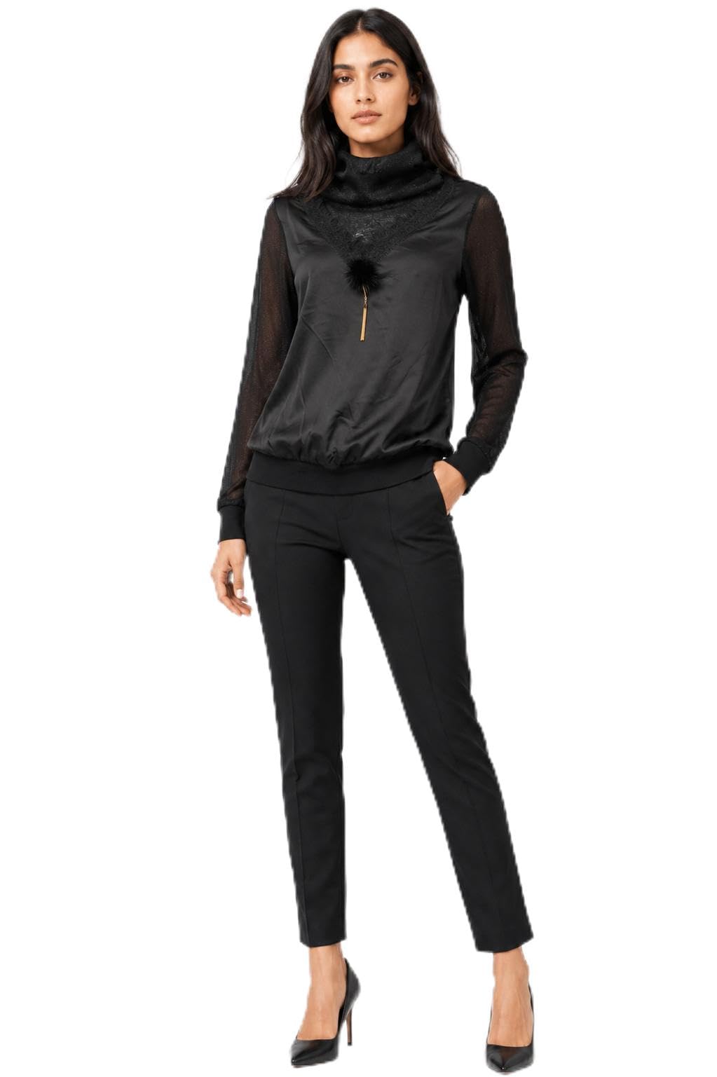 Black Cowl Neck Satin Top | Sheer Sleeves, Pom-Pom-image-29