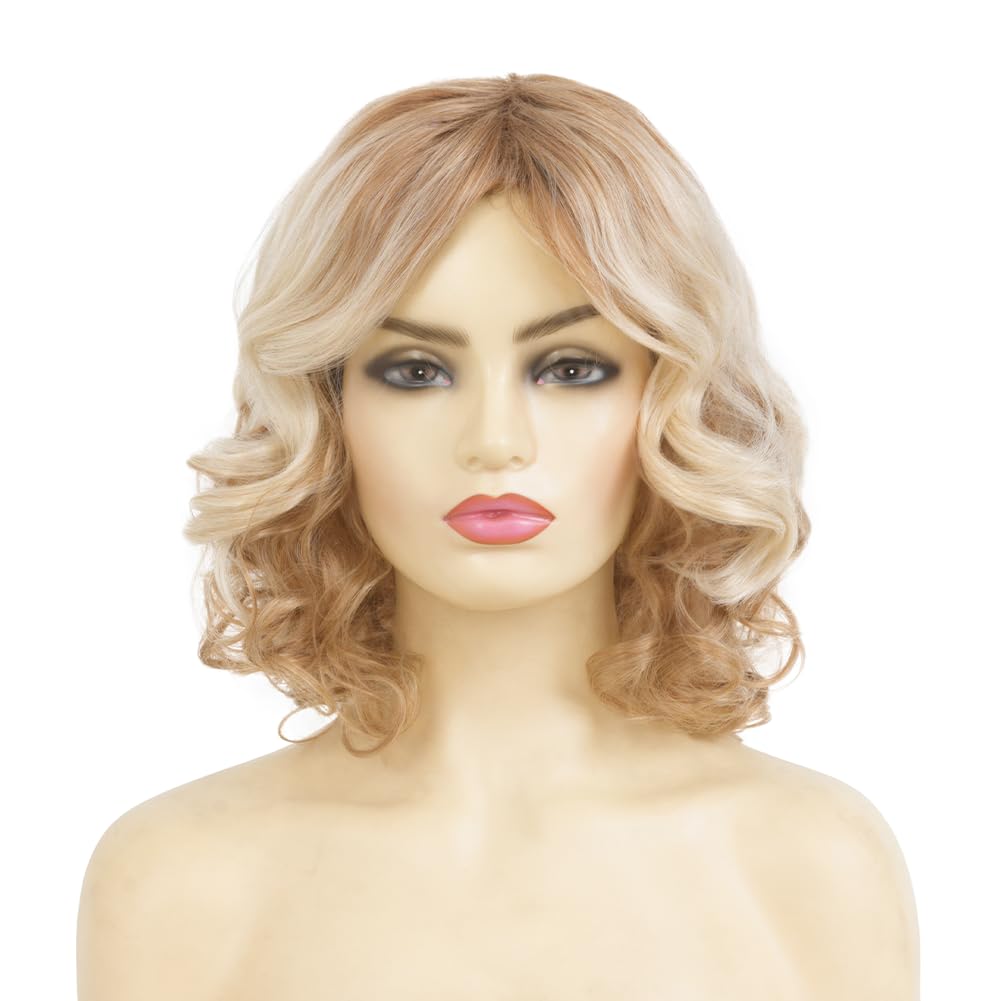 Swiking Short Blonde Curly Wigs with Bangs for White Women Ombre Blonde Bob Shaggy Wavy Hair Wig with Dark Roots Heat Synthetic Daily Party Halloween Use - Image 2