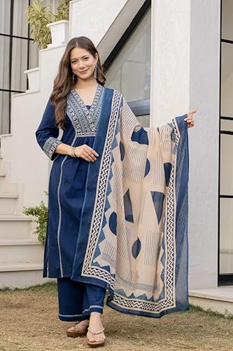 Image of MEERA FAB Women Floral Printed Pure Cotton Straignt V-Neck Kurta with Trousers & Dupatta