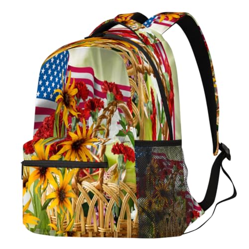 Sac à dos motif floral drapeau américain idéal pour lycée et randonnée