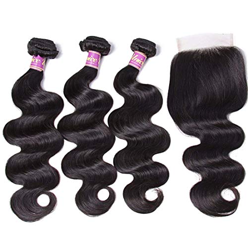 Image of UNice Hair Malaysian Body Wave Hair 3 Bundles with Free Part 4x4 Lace Closure, 100% Unprocessed Virgin Human Hair Weave Extensions Natural Color(14 16 18+14 Closure)