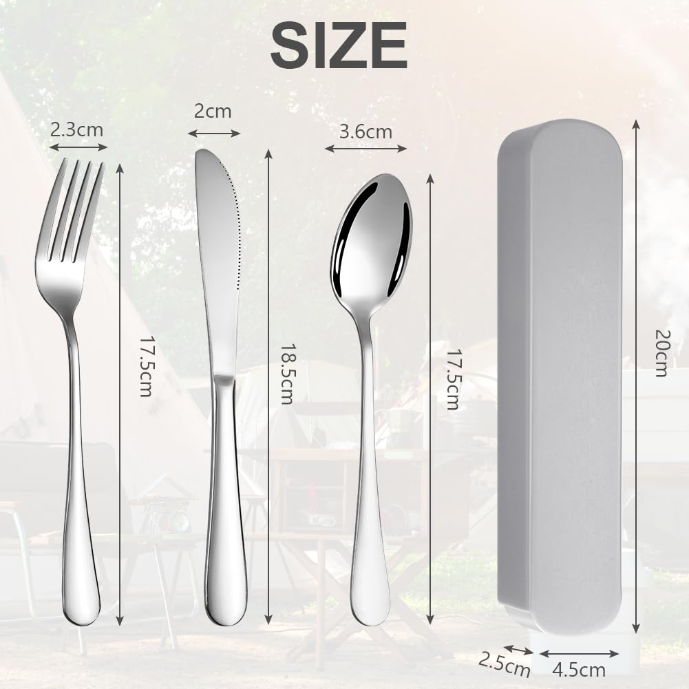 HOTUT 3 Pezzi Posate Da Campeggio Kit con Borsa Portaoggetti, Set di Posate Acciaio Inox, Finitura Lucida Lavabili in Lavastoviglie, Posate Da Viaggio in Argento con Cucchiaio Forchetta Coltello