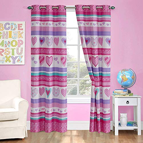 Kids Zone Home Linen 2 Panel Curtain Set with Grommet for Boys Girls Teens Bedroom Multicolor Set Hearts Pink Purple Turquoise White New