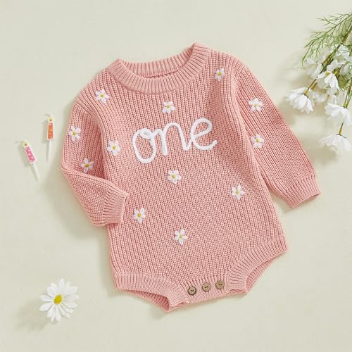 Honganda Infant Baby Girl First Birthday Romper Sweater Long Sleeve One Flower Embroidery Knit Onesie Fall Winter Outfit2