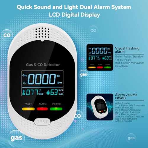 4-in-1 Carbon Monoxide Detectors,Plug in Combustible Gas Detector,Natural Gas & Co Gas Alarm Detectors with Temperature Humidity Display,Clear LCD Screen Sound Light Dual Alarm for Home RV Travel