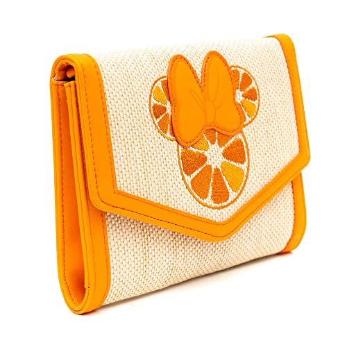 Disney Bag, Horizontal Fold Over Crossbody, Minnie Mouse Embroidered Citrus Ears with Bow Orange, Raffia Straw2