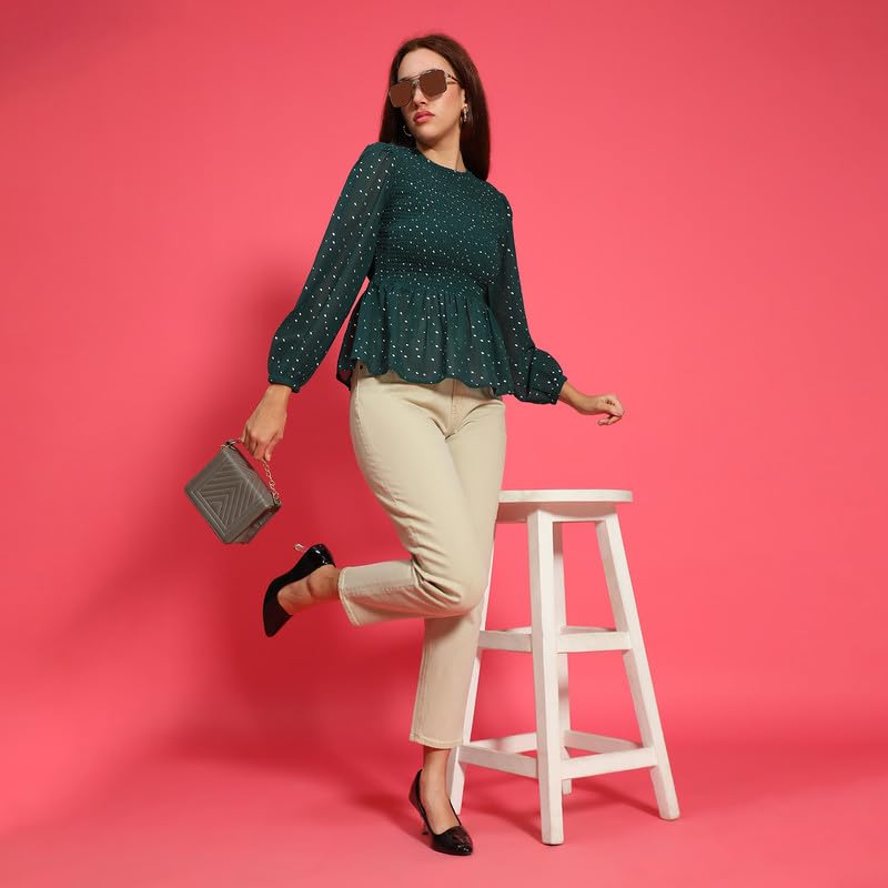 Image of oxolloxo Women Round Neck Long Sleeve Smocked Peplum Top