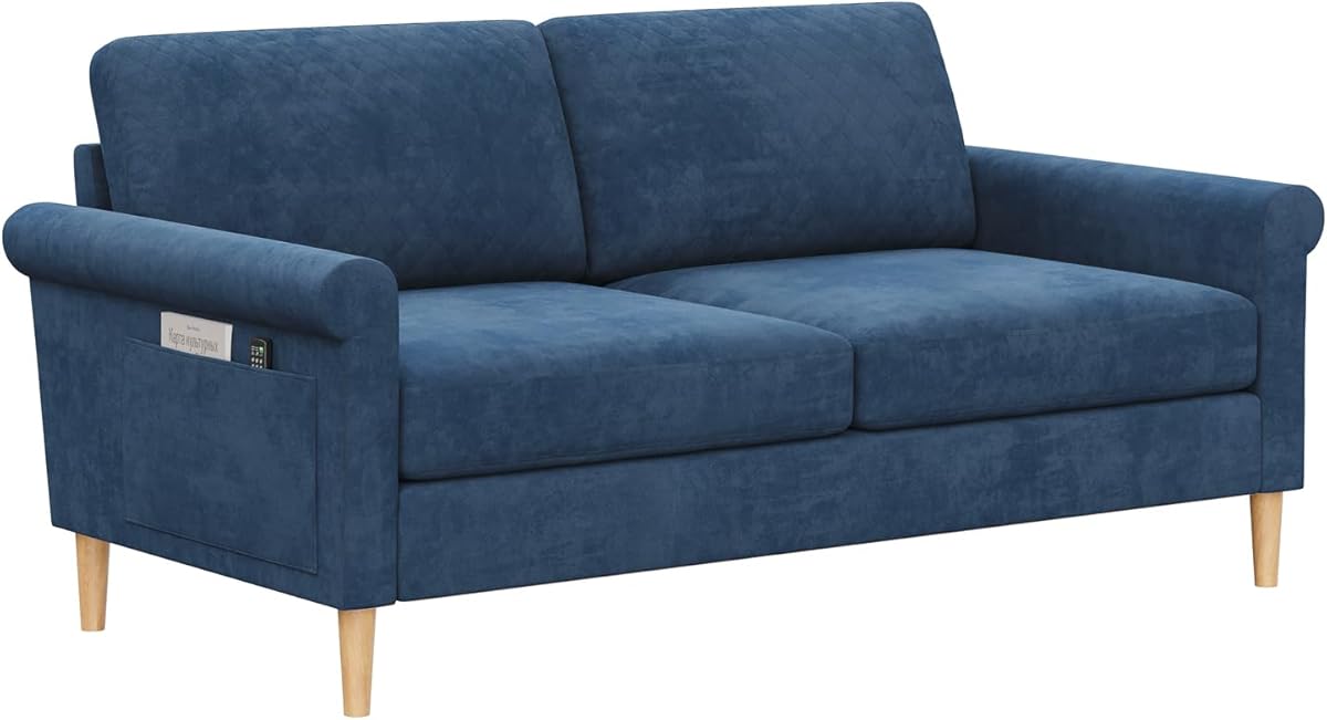 Vesgantti Fabric 2 Seater Sofa, 164cm Loveseat Sofa with Bilateral Pocket Storage, Upholstered Couch Perfect for Living Room, Bedroom, Office, Small Space, Tool-free Assembly, 164L*76D*85Hcm, Blue