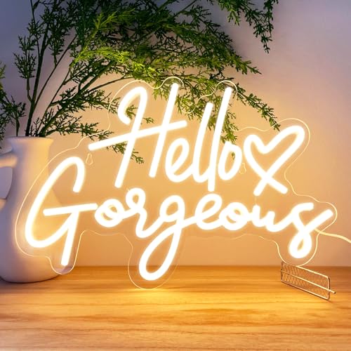 KUUNEON Hello Gorgeous Neon Signs for Wall Decor with Heart Warm White Gorgeous LED Sign Lights for Bedroom Dorm Salon Wedding Party 16x12 Preppy Cute Room Decor Woman Cave - 100 000H Lifespan