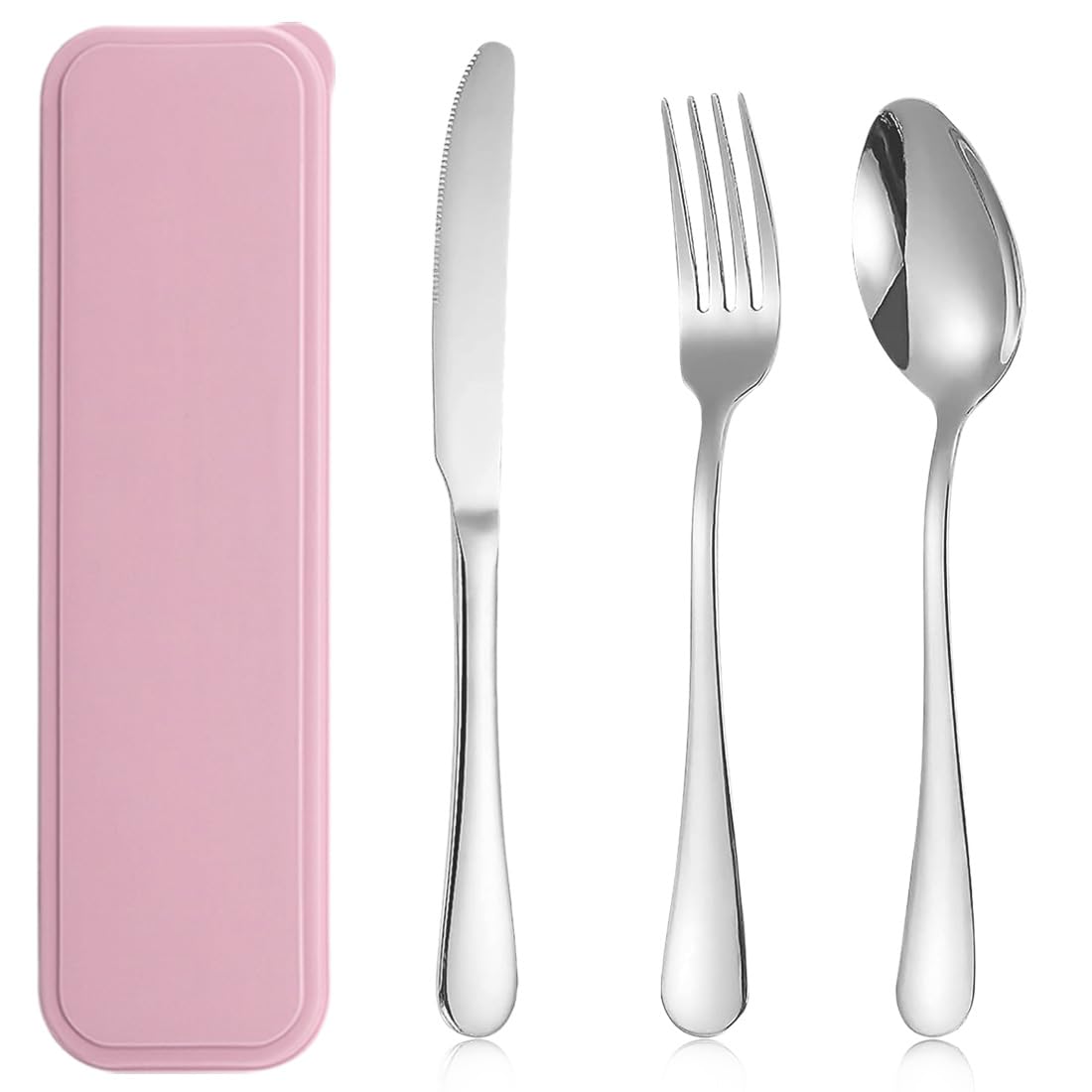 3 Pezzi Posate Da Campeggio Kit con Borsa Portaoggetti, set di Posate Portatili in Acciaio Inox, Utensili da Viaggio, Lavabili in Lavastoviglie, per Campeggio Picnic Scuola Pranzo(Rosa)