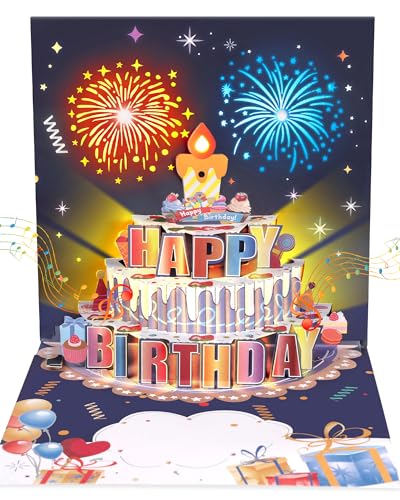 GlasFlength Biglietto Auguri Compleanno con Musicale e Luce, Biglietti Auguri Compleanno Biglietto di Auguri Pop-up 3D con Candela Soffiabile Regalo di Compleanno Divertente per Donne Uomini Bambini