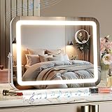 MINISO Vanity Mirror with Lights and Bluetooth Speaker, 14' x 11' LED Makeup Mirror, Light & Brightness Smart Sensor, 360°Rotation, Aluminum Alloy Metal White Frame, with 10X Magnifying Glass