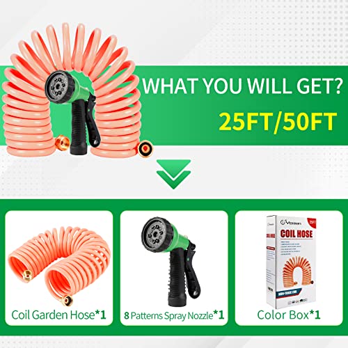 Yereen Coil Garden Hose 25Ft, Eva Recoil Garden Hose, Self-Coiling Water Hose With 3/4" Brass Connector Fittings With 8 Function Spray Nozzle, Creamy Orange #TOP5