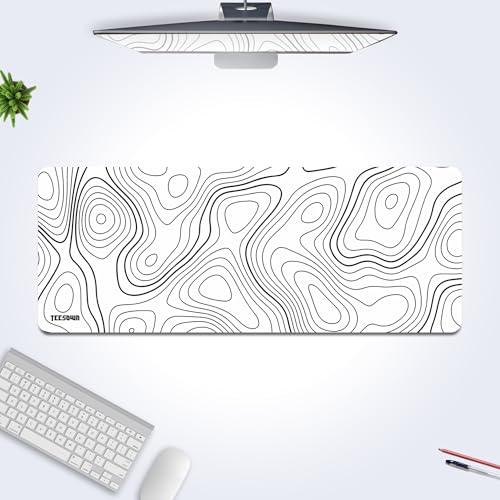 Image of XL Off White Topographical Extended Mousepad (12x31) inches for Laptop Desktop PC and Gaming Desk Mat Rubber Base Desk Pad