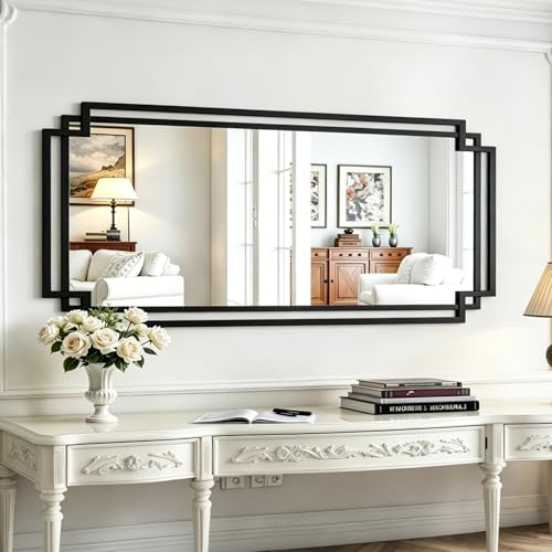 Image of 30 inch x 59 inch Large Wall Mirror for Decor, Black Decorative Mirror with Irregular and Rectangular Metal Frame, Black Large Bathroom Mirror Above Sink, Hang Vertically or Horizontally