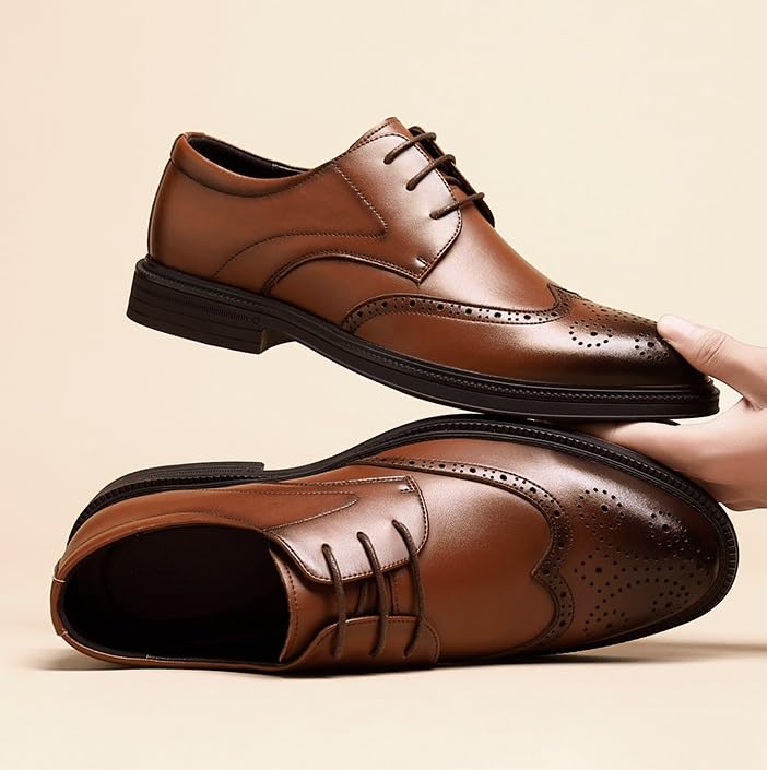 Men Black Dress Shoes Lace-up Block Mid-Heel Leather Shoes Classic Formal Tuxedo Derby Shoes(8.5)4