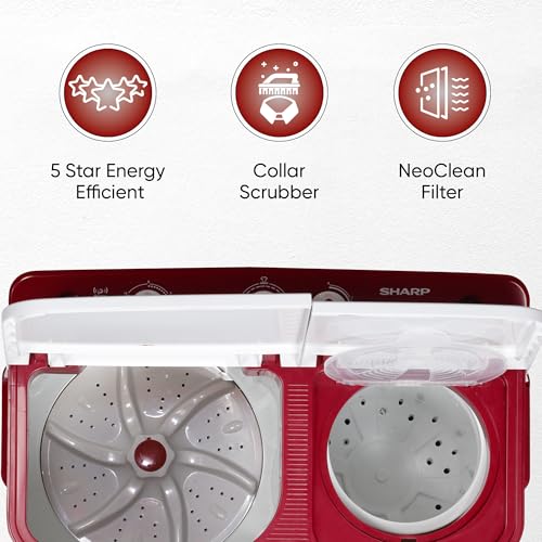 Image of SHARP 7 kg, 5 star with E-Spin Pulsator,Semi-Automatic Top Loading Washing Machine, 1300 RPM (ES-SD70NB-FR, Ruby Red, Pure Wave)