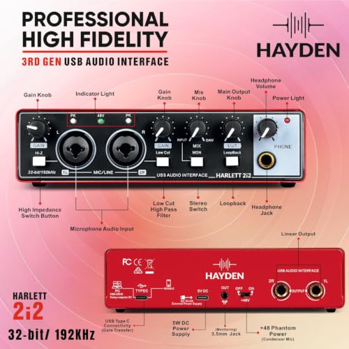Image of HAYDEN HARLETT 2i2 3rd Gen USB Audio Interface, 2-In 2-Out Recording Sound Card, 32-Bit /192kHz, 48V Phantom Power, XLR /TRS Combo Inputs, Studio Audio for Guitar, Vocals, Podcast & Streaming