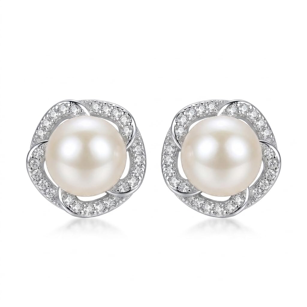 NONNYL Pearl Anniversary Birthday Gifts for Women Wife- 925 Sterling Silver Freshwater Cultured Pearl Stud Earrings With CZ, Dainty Flower Design Christmas Jewelry Gifts for Mom, Her, Wife, Women