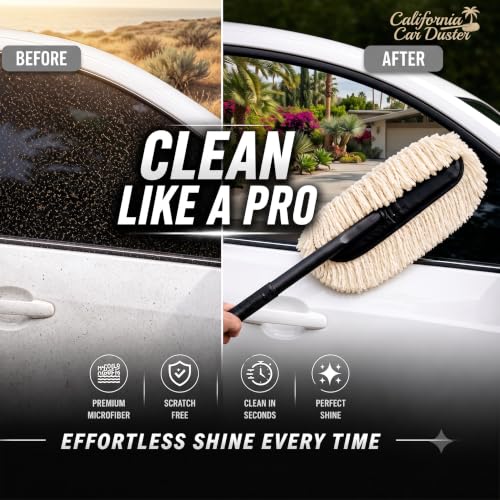 Image of Car Duster Brush with Extendable Handle | Soft Cotton Car Cleaning Duster | Scratch Free Dust Remover for Car, SUV, Bike & Home | Reusable Washable Cleaning Brush