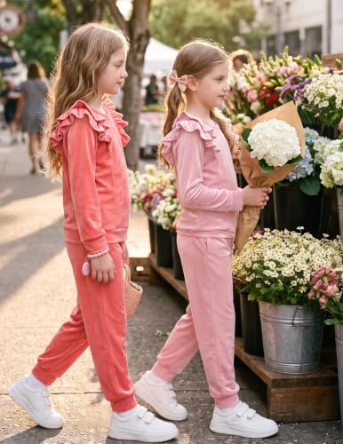 Image of Arshiner Girls 2 Piece Outfits Velour Tracksuit Ruffle Sweatshirt Sweatpant