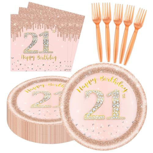 60 PCS 21st Birthday Decorations for Women 21st Birthday Plates and Napkins Rose Gold Disposable Tableware Set Party Supplies for Women Girl Cheers to 21 Years Anniversary (21ST)