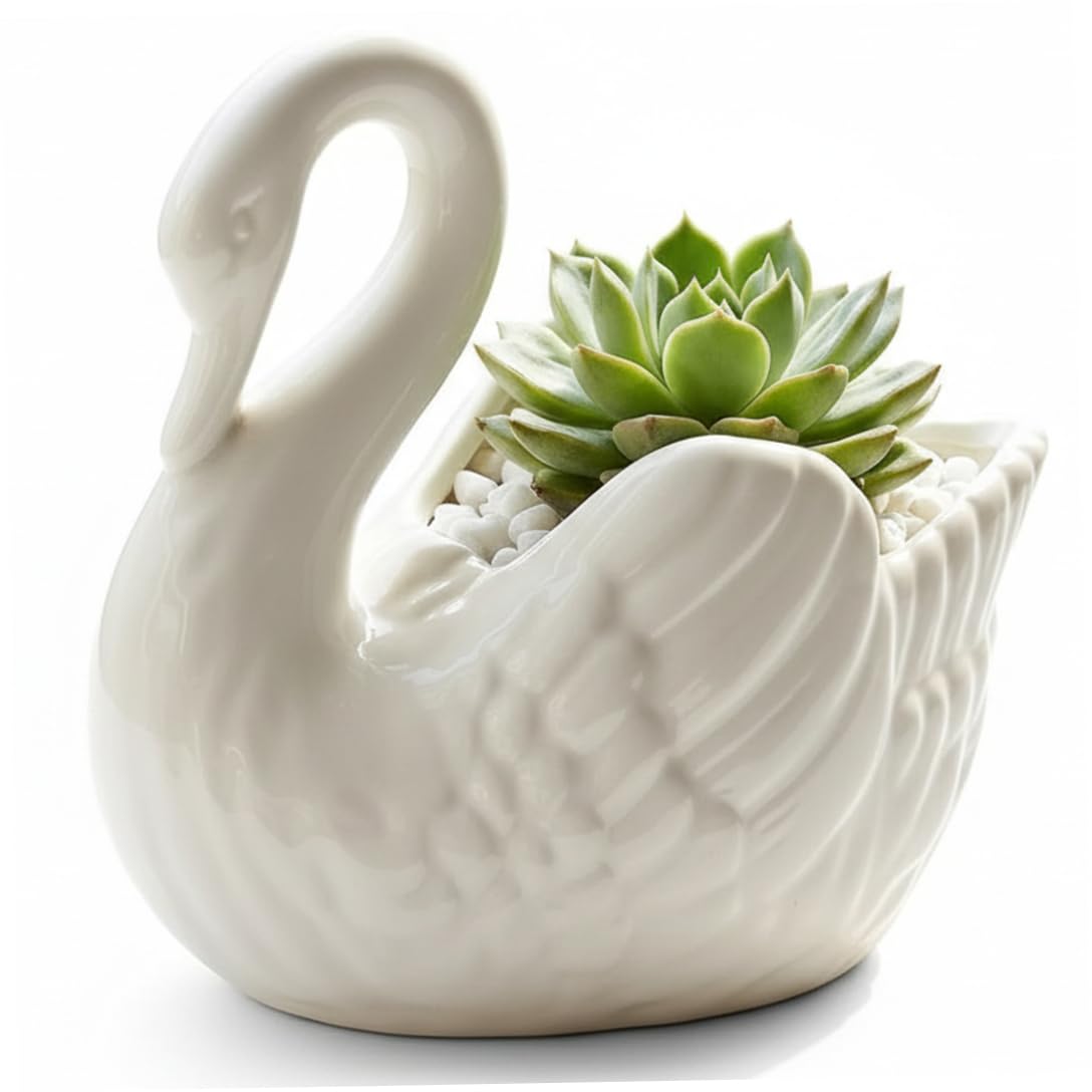 Aetherize White Ceramic Swan Planter with Drainage, Decorative Swan Vase for Succulents Home Desk Decor