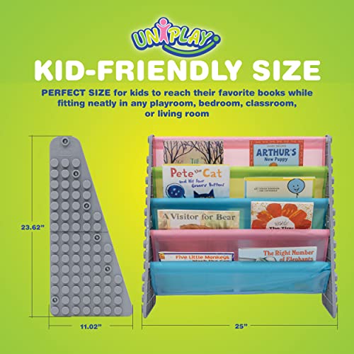 Uniplay Kids 4-Tier Book Storage Organizer With Sling Book Pockets, Plastic Sling Rack Bookshelf For Playroom, Fits Blocks, Gray/Pastel #TOP6