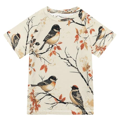 Boys Short Sleeve T-Shirts Art Bird Flying Leaves Rashguard Kids Swim Shirts Sun UPF 50+