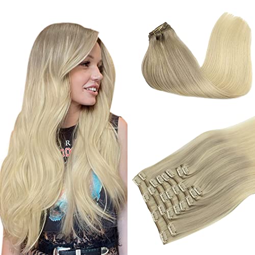 Image of DOORES Hair Extensions Clip in Human Hair, 10pcs 155g 14 Inch Balayage Ash Blonde to Golden Blonde and Platinum Blonde Remy Clip in Human Hair Extensions Natural Straight Hair Extensions