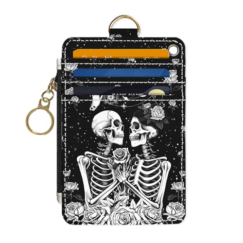 Image of Slim Wallet Credit Card Holder, Skeletons and Flowers, RFID Wallet Women Cute Small Front Pocket Wallet With Zipper, PU Leather Thin travel RFID Blocking Card Case ID Window,Ladies Gifts