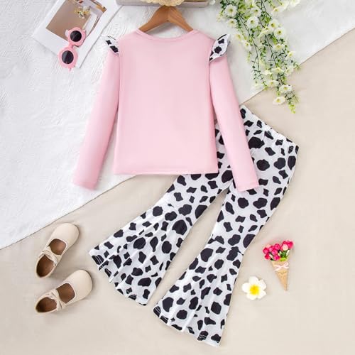 Image of Girl 2pcs set with ruffle sleeves top flared pants spring summer short sleeves 4-12Y