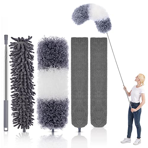 Duster with Extension Pole, Extendable Microfiber Dusters for Cleaning, Bendable and Washable Dusters for Cleaning Ceiling Fan, Cobwebs, Furniture, Blinds, Corner, Car.