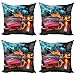 Samochody poszewka na poduszkę 4-pak, gorąca czerwień koncepcja samochód w żarowących oponach budynek i ptaki szybka poszewka na poduszkę miękka poszewka na poduszkę dekoracja domu poszewka na poduszkę na krzesło samochodowe 45 x 45 cm