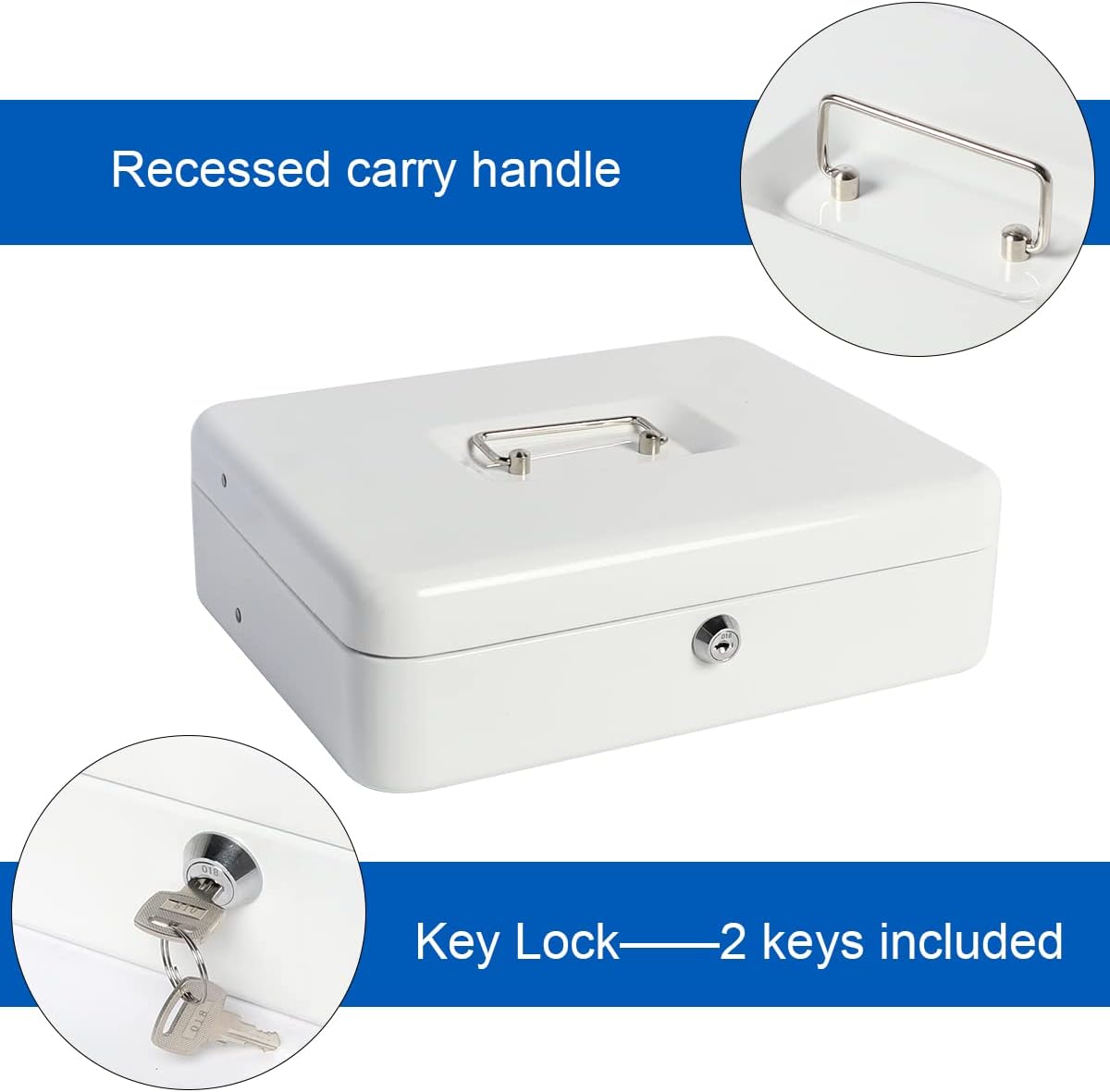 Large Cash Box with Money Tray and Lock, Metal Money Box for Cash, Lockbox 11.8 x 9.5 x 3.54 Inches, White