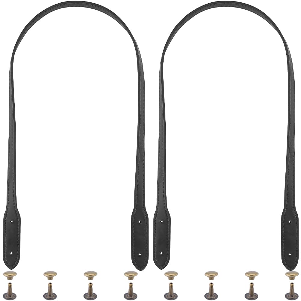 2PCS PU Leather Handbag Handles Black Sew On Purse Straps 72cm Long Leather Shoulder Underarm Bag Replacement Belt with Rivets for Women DIY Crafts Crochet Bag Wallet Making