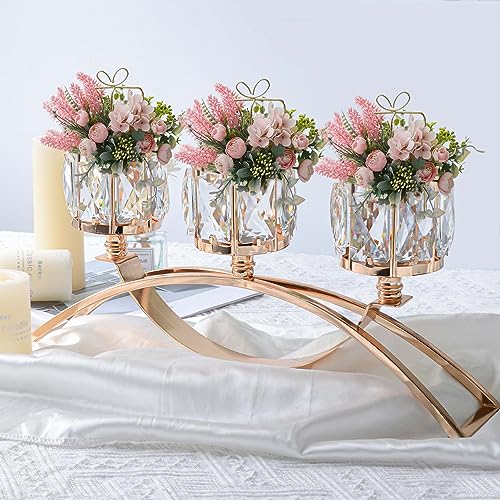 3 Arms Crystal Bowl Tealight Candelabra Votive Candle Stand, Candlestick Holders Wedding centerpieces for Tables Crystal Candlestick,Centerpiece Table Decorations (Gold) - Image 6