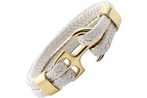 Men's Designer Anchor Bracelet: White Leather, Gold Anchor