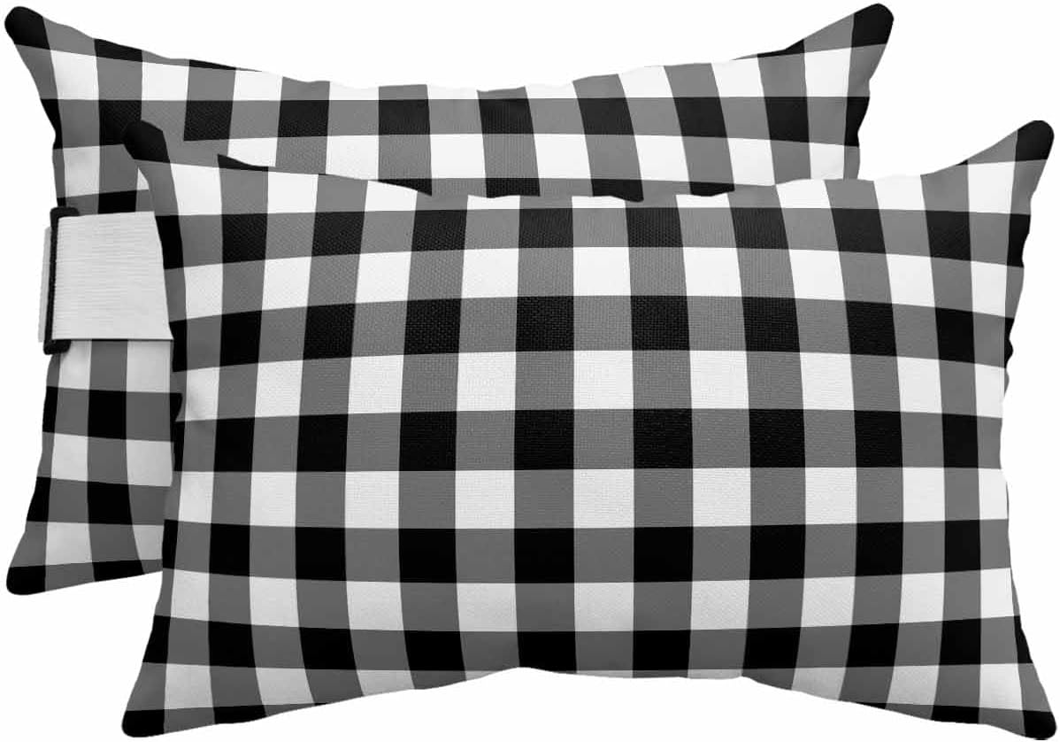 Pack of 2 Outdoor Lumbar Pillow Covers 11x16 Inch, Black White Plaid Waterproof Throw Pillow Covers Set, Gradient Geometric Buffalo Checkered Indoor&Outdoor Cushion Cases for Patio Porch Beach