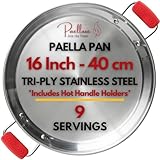 Paelluxe 16' Tri-Ply Stainless Steel Paella Pan – 9 Servings – Rust-Free, No Seasoning, Induction + Oven Safe – Paellera for Paella, Searing, Frying & Outdoor Cooking with Heat-Resistant Handle Covers