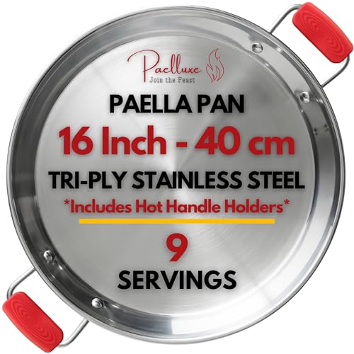 Image of Paelluxe 16" Tri-Ply Stainless Steel Paella Pan – 9 Servings – Rust-Free, No Seasoning, Induction + Oven Safe – Paellera for Paella, Searing, Frying & Outdoor Cooking with Heat-Resistant Handle Covers