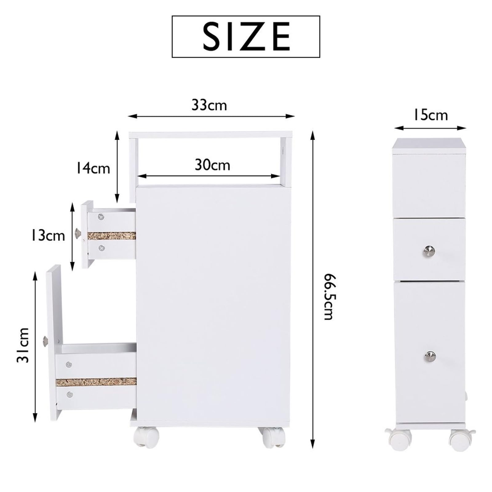 Ease Badezimmerschrank klein, Badschrank schmal, Kleiner Schrank für Toilettenpapier, Toilettenschrank mit Schubladen, Aufbewahrungsschrank stehend, für kleine Räume, weiß 15 x 33 x 65 cm