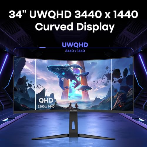 Image of Amzfast 34 Inch UltraWide Curved Monitor 200Hz UWQHD 3440x1440 Gaming Monitor, 1ms G-SYNC Compatible, 1500R, PIP /PBP, 131% sRGB, Tilt /Swivel /Height Adjustable,TUV Rheinland, HDMI 2.1 x 2 & DP 1.4 x 1