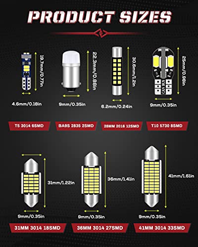 Jeflym Interior Led Light,194 T5 T10 Led Bulb For Car,Ba9S 28-41Mm 74 578 6418 De3175 1895 Led Interior Car Light Kit For 12V Rv Car Map Trunk Cargo Door Courtesy License Plate Dome Light(42Pcs White) #TOP2