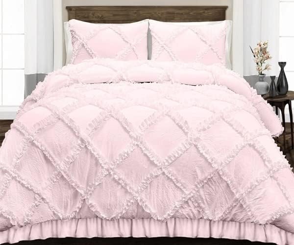 100% Egyptian Cotton, Luxurious Soft 1 PCS Diamond Ruffle Duvet/Rajai Cover with Hidden Zipper, 400 Thread Count Comfy & Fluffy Duvet Cover- Queen Size Pink Solid