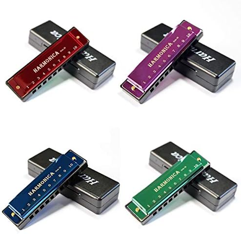 YOKSAS 4PCS Harmonicas Set C Key 10 Hole with Case Cleaning Cloth for Adults Beginner Students Kids(Green,Red,Blue,Purple)