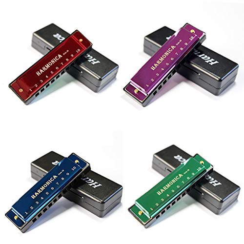 MSOLE 4 PCS Harmonicas Key of C 10 Hole Titanium Harmonica Orff Instrument