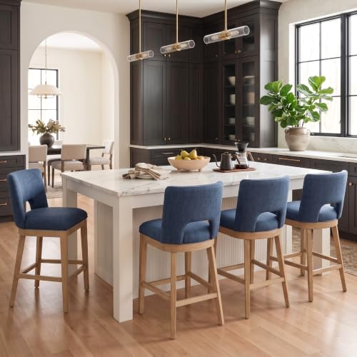 Butacos de barra chairus, set de 6 unidades, sin brazos, acolchados, respaldo de madera y patas de madera, tapizados en tela lino, color azul, para isla de cocina o barra alta miniatura 2