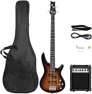 Ktaxon Electric Bass Guitar 4 String Bass Guitar with 20 Watt Amplifier, PJ Type Pickup, Naturally air-dried Maple Neck, Rosewood Fretboard, Basswood Body(Sunset)